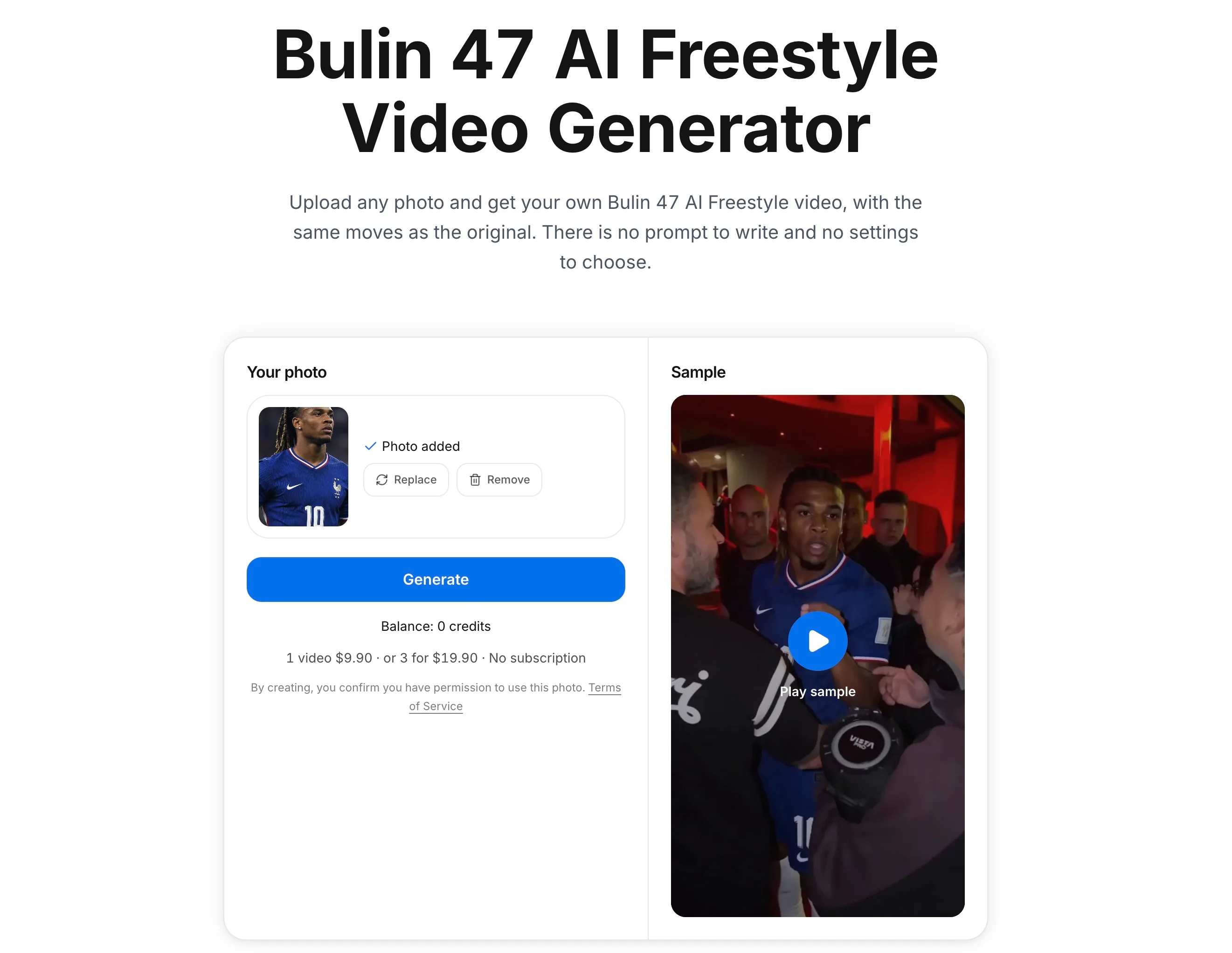 The Bulin 47 AI video generator with a photo added, ready to generate