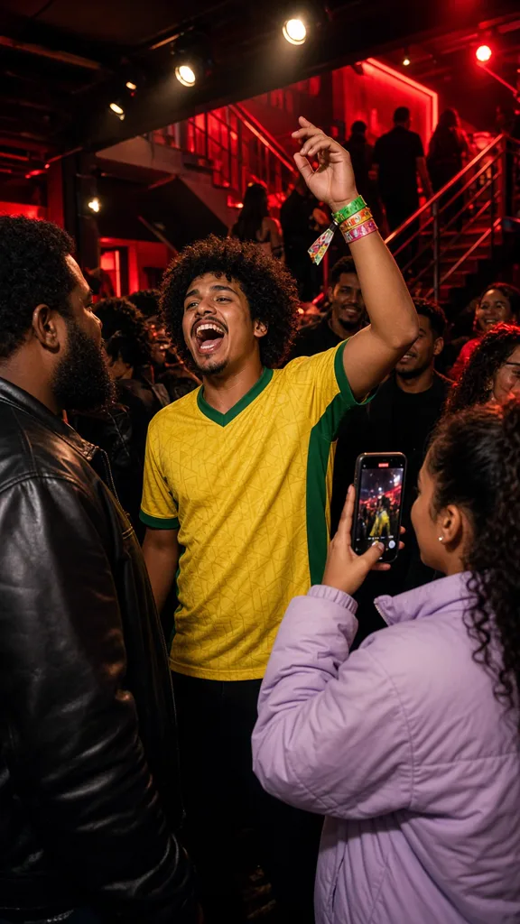 A fan in a yellow-and-green football jersey rapping at a red neon club entrance