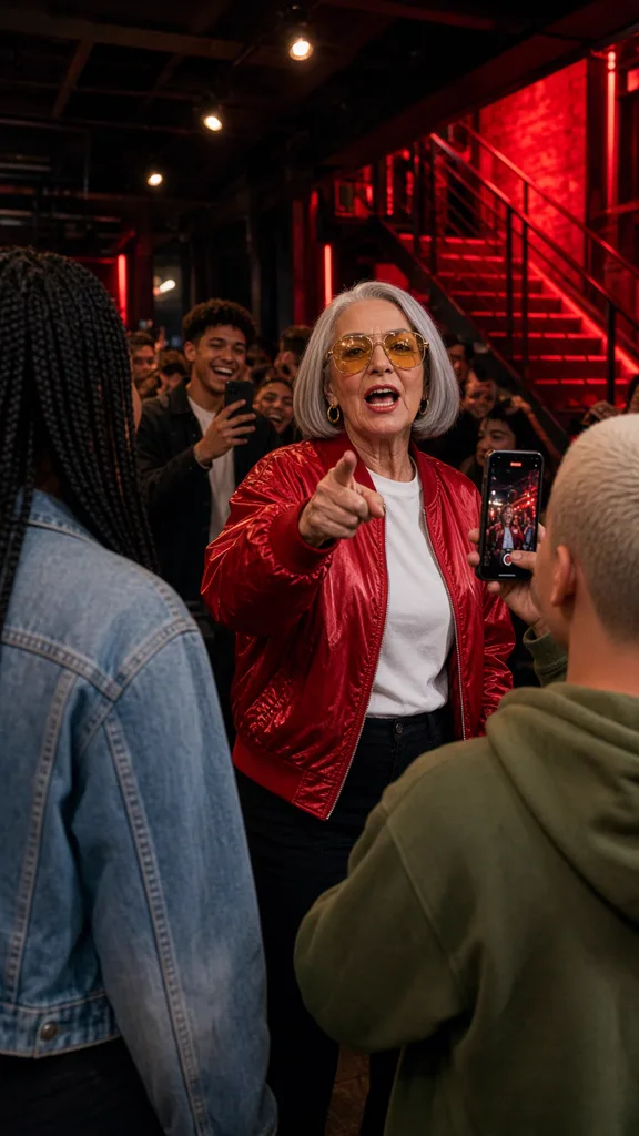 A grandmother in a red bomber jacket pointing at the camera mid-rap