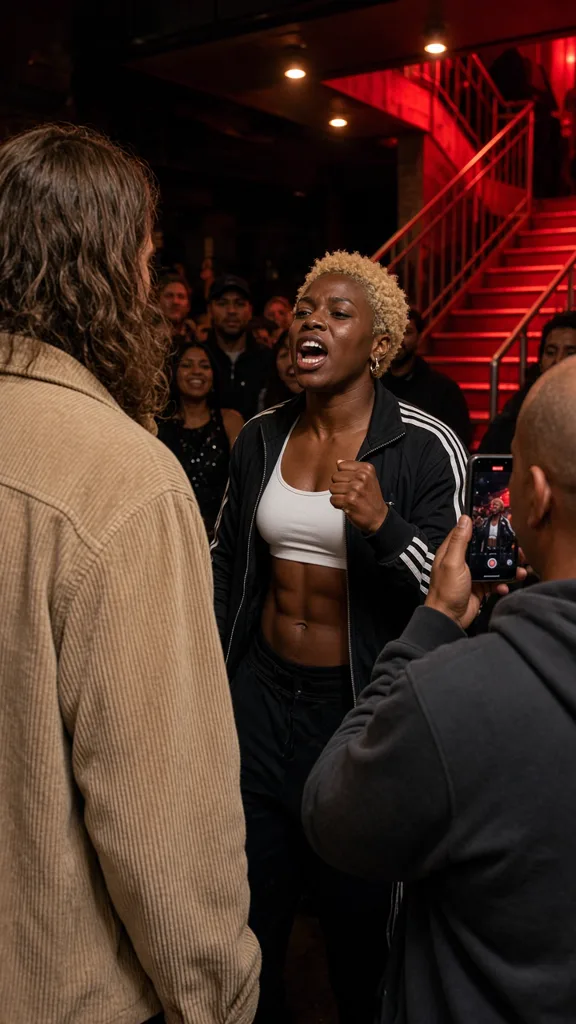 A woman with bleached curls in a black track jacket rapping with her fist raised